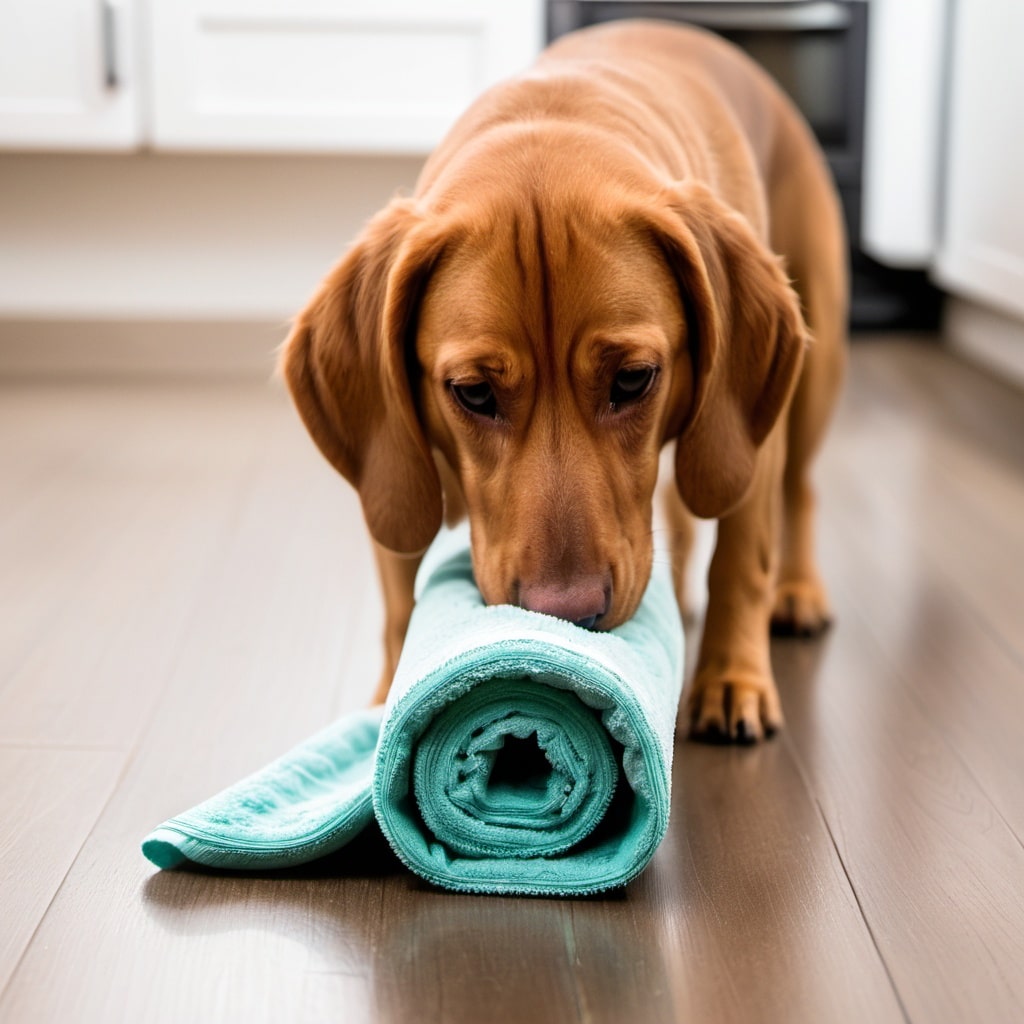 Ein Hund schnüffelt an einem zusammengerollten Handtuch