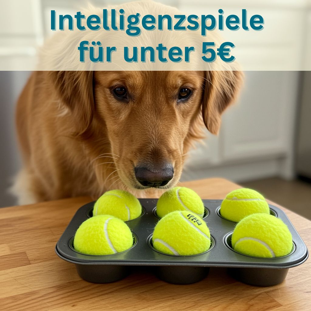 Hund schnüffelt an Muffinblech mit Tennisbällen, Titel Intelligenzspiele unter 5€