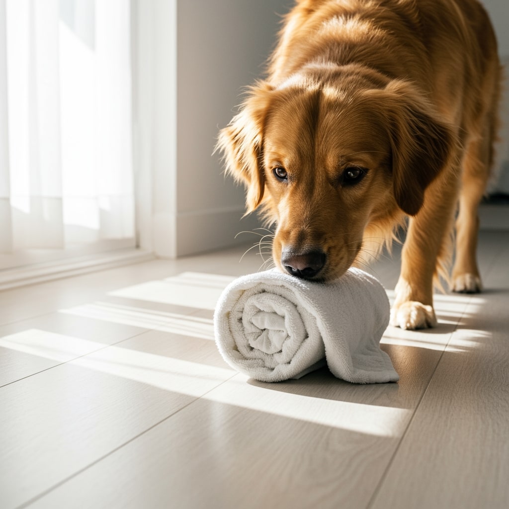 Hund schnüffelt an einer Handtuchrolle