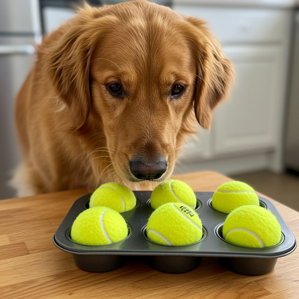 Hund riecht an einem Muffinblech, in dem Tennisbälle liegen