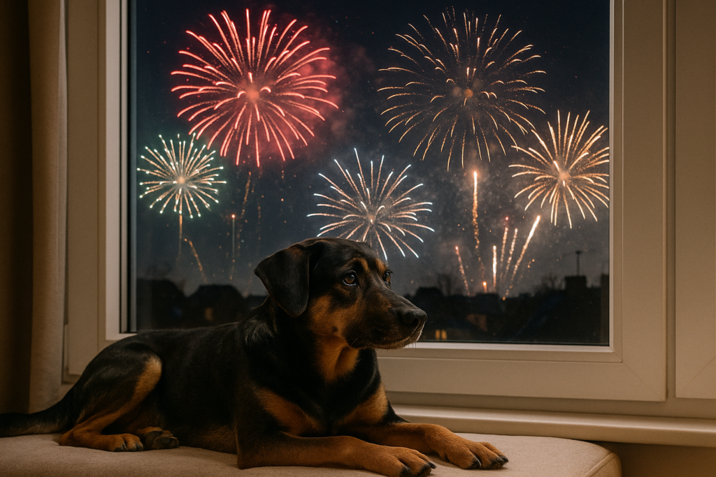 Hund liegt vor einem Fenster, draußen ist Silvester-Feuerwerk zu sehen