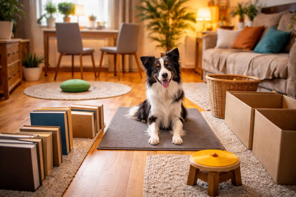 Border Collie liegt auf einer Trainingsmatte im Wohnzimmer, umgeben von Büchern, Kartons und Stühlen als Indoor Parcours.