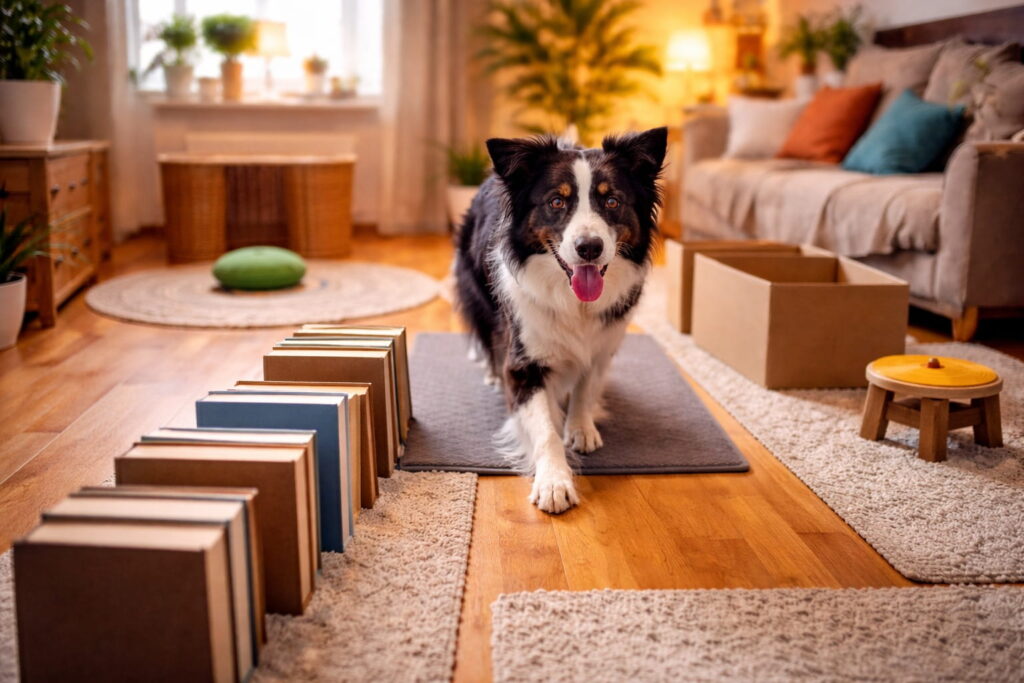 Border Collie läuft konzentriert über eine Trainingsmatte im Wohnzimmer, neben ihm stehen Bücher und Kartons als Hindernisse im Indoor Parcours.